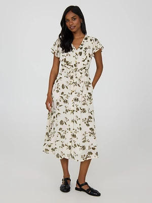 Robe mi-longue boutonnée à manches flottantes et imprimé floral