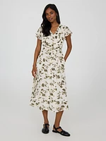Robe mi-longue boutonnée à manches flottantes et imprimé floral