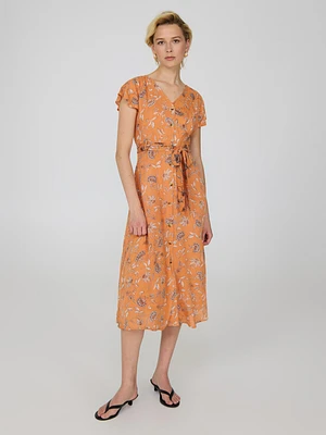 Printed Flutter Sleeve Button-Front Midi Dress
