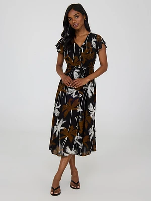 Robe mi-longue boutonnée à manches flottantes et imprimé tropical