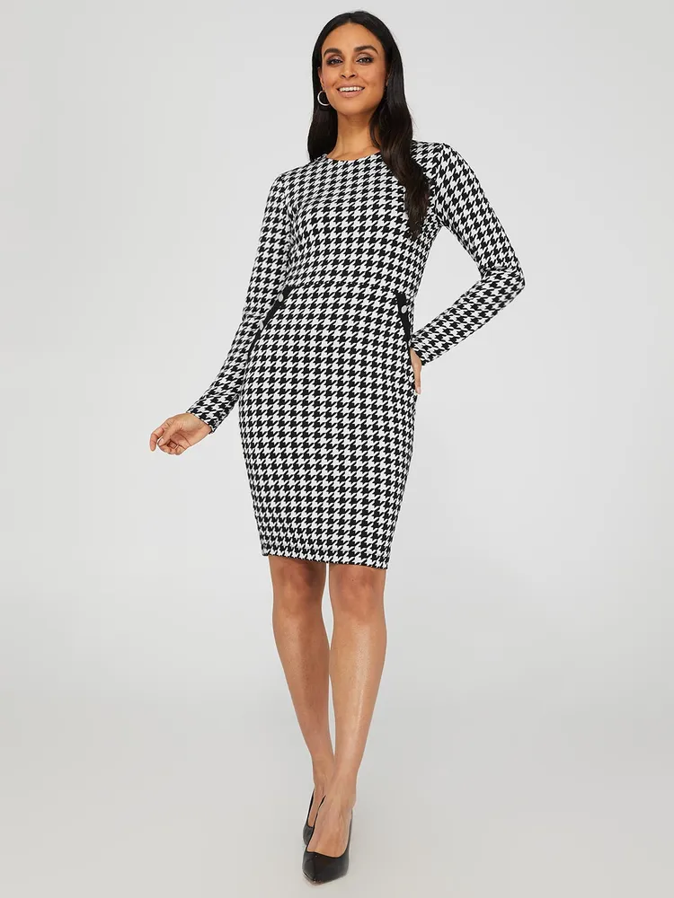 Houndstooth Sheath Dress, Black /