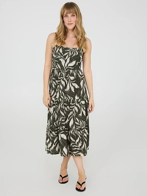 Tropical Print Spaghetti Strap Midi Dress