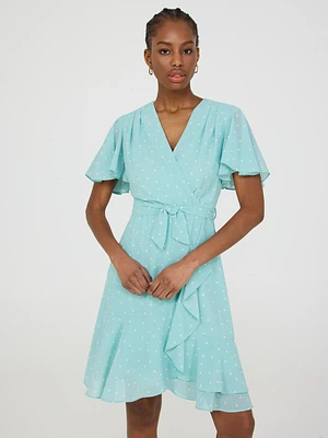 Robe portefeuille à manches volantées et imprimé pois