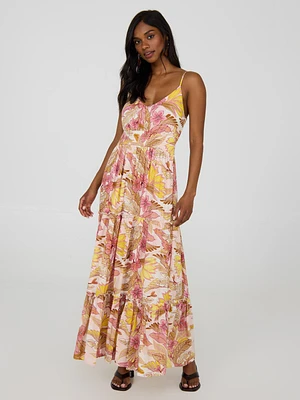 Robe longue à volants et motifs floraux