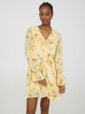 Floral Ruffle Chiffon Mini Dress