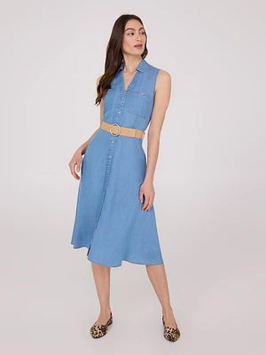 Robe trapèze mi-longue boutonnée sans manches