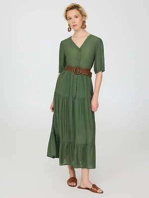 Robe longue à manches courtes ballon et volants superposés