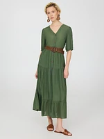 Robe longue à manches courtes ballon et volants superposés