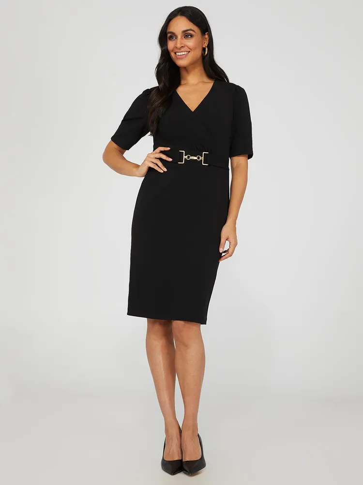 Crossover Crepe Sheath Dress With Belt, Black /