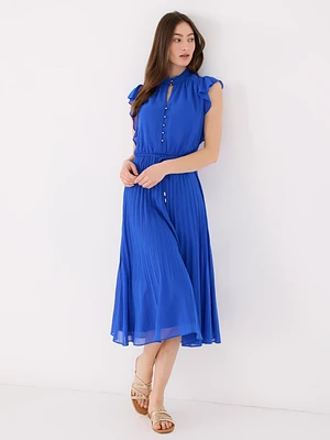 Pleated Chiffon Dress With Ruffle Sleeves