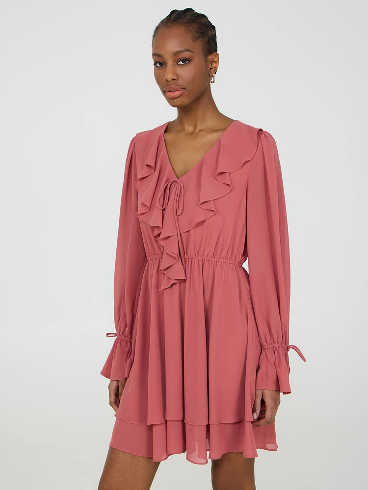 Ruffle V-Neck Chiffon Mini Dress