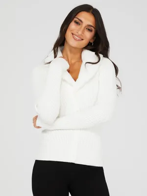 V-Neck Cardigan With Detachable Faux Fur Collar, Pearl /