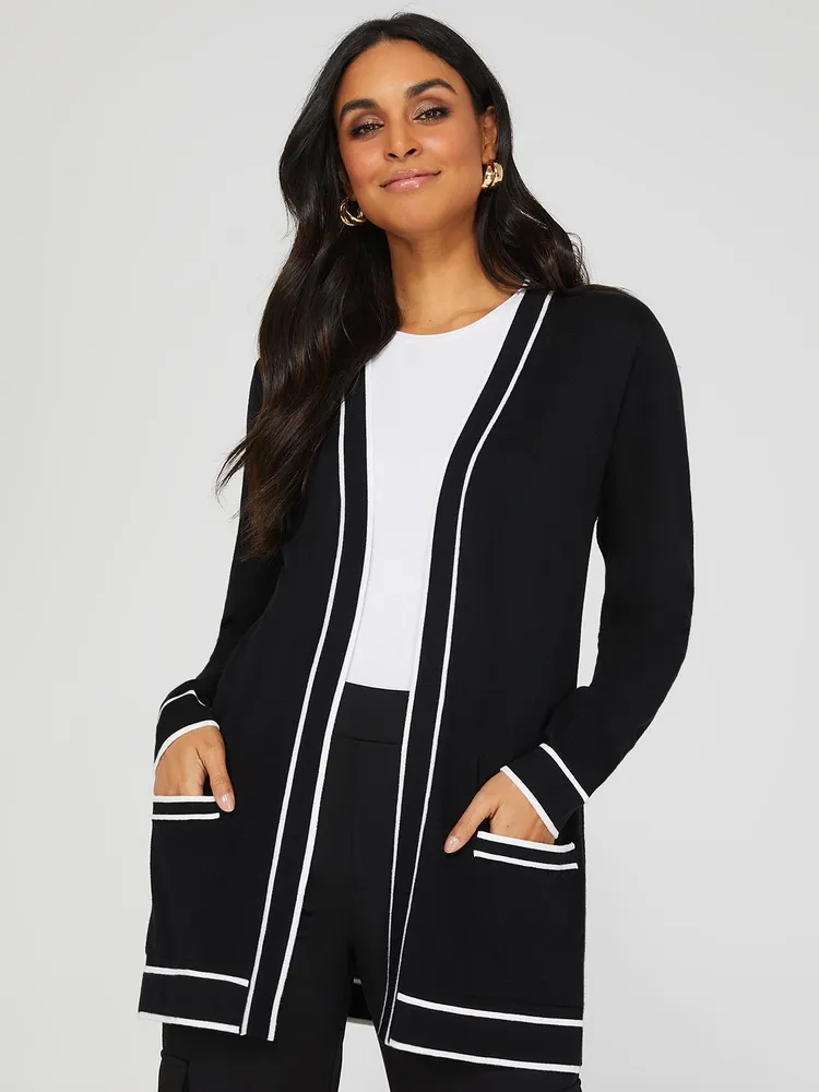 Contrast Tipping Open Cardigan, Black /