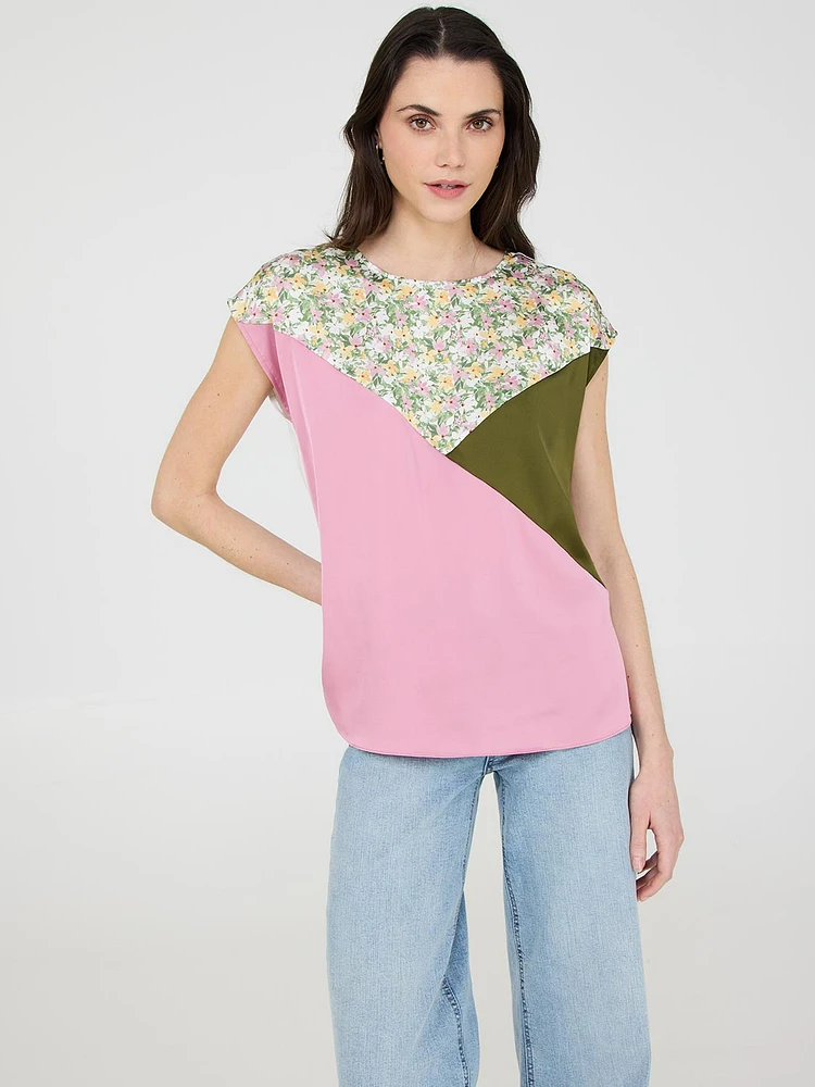 Colour Block Dolman Sleeve Satin Top