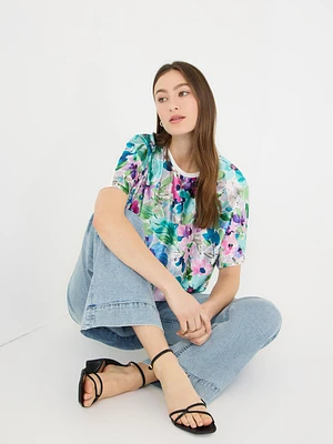 T-shirt en satin à manches dolman et imprimé floral sur le devant