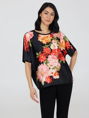 Haut fleuri en satin à manches courtes dolman