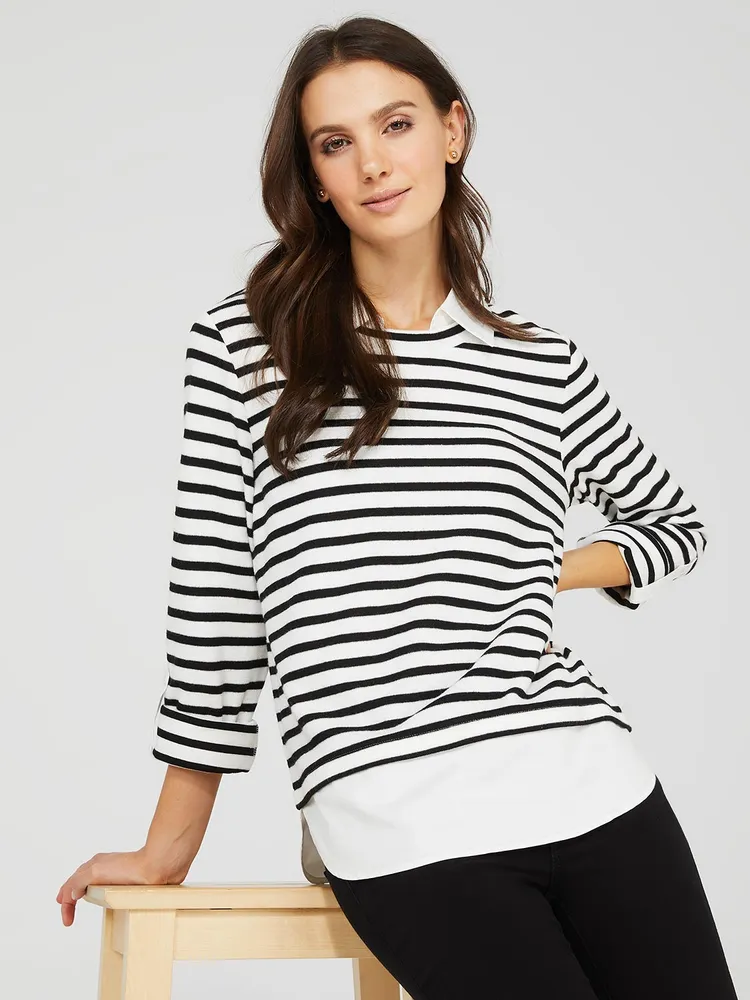 2-Fer Striped Long Sleeve Top, Pearl /