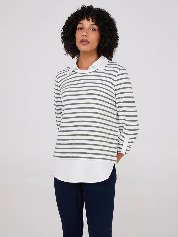 2-Fer Striped Sweater With Blouse