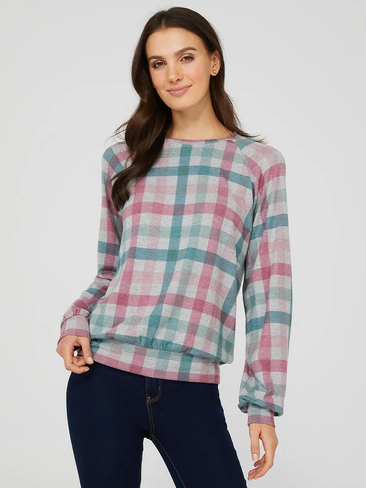 Brushed Plaid Print Crew Neck Sweatshirt, Grey /