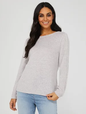 Brushed Sweater With Pearl Sleeve Detail, Pink Dust /