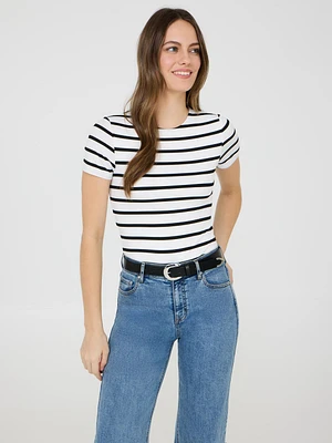 Striped Double Layer Crew Neck T-Shirt