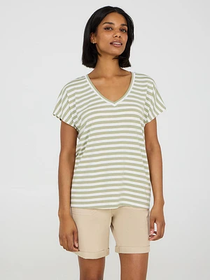 Striped V-Neck Dolman Sleeve T-Shirt