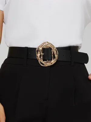 Gold Spiral Buckle Belt, Black /