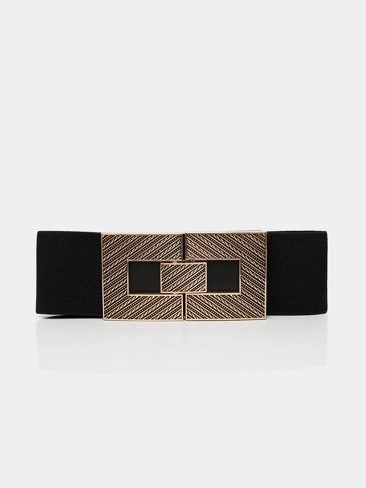 Elastic Belt With Textured Gold Buckle