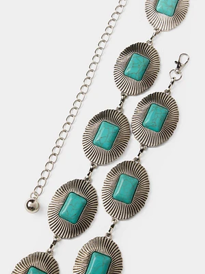 Ceinture en chaîne argentée ornée de pierres turquoise