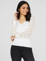 Dotted Mesh Sleeve V-Neck Sweater, /