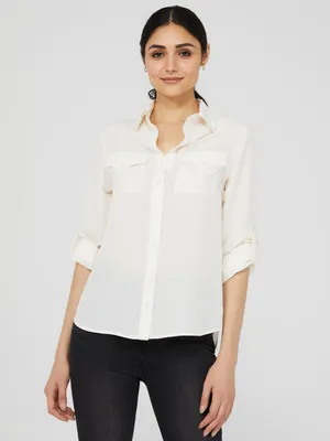 Button-Front Pocket Blouse With Rolled Sleeves, /