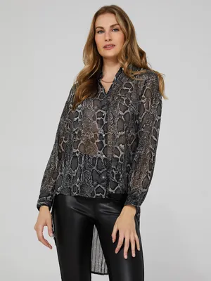 Snakeskin Print High-Low Button-Front Blouse, Black /