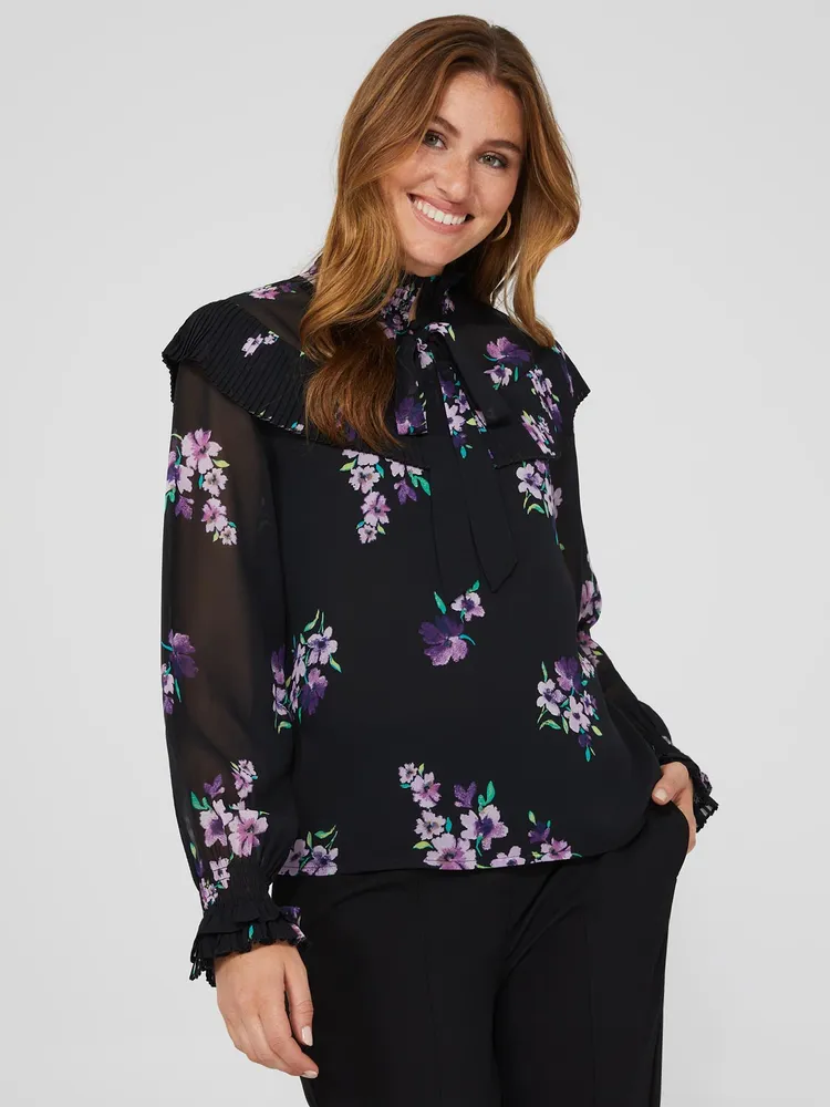 Floral Print Georgette Blouse, Black /