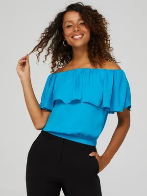 Satin Frill Off-The-Shoulder Top, Turquoise /