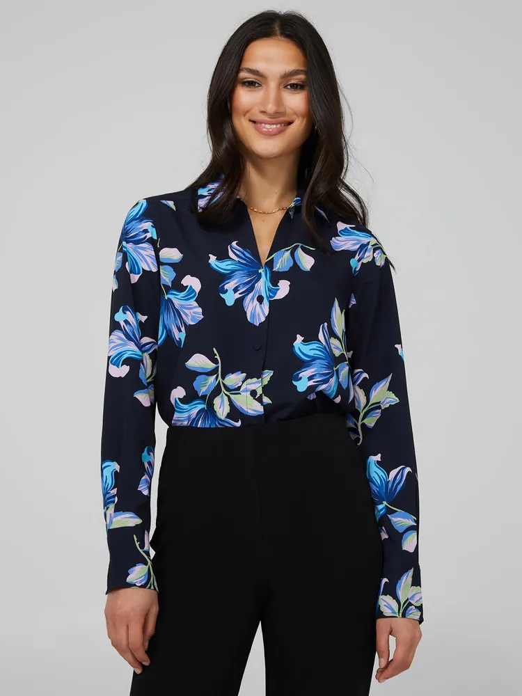 Floral Print Chiffon Split Neck Button-Front Blouse, Stellar /