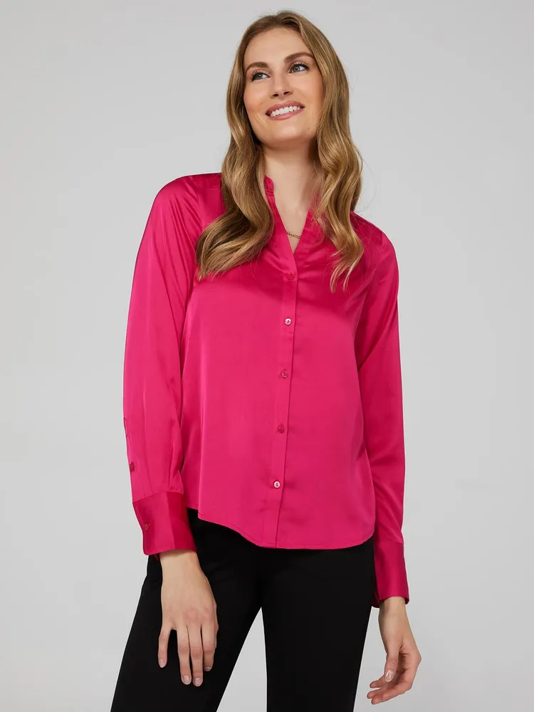 Satin Split Neck Button-Front Blouse, /