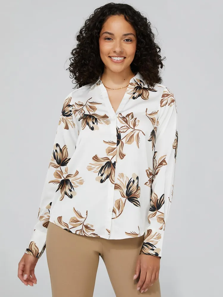 Floral Print Satin Split Neck Button-Front Blouse, Pearl /