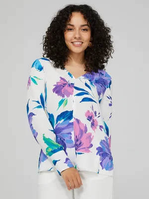Floral Print V-Neck Blouse With Cuffed Sleeves, Pearl /