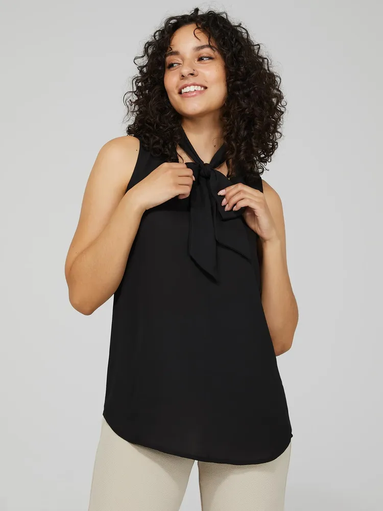 Sleeveless Chiffon V-Neck Top With Tie, /