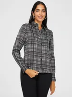 Plaid Satin Button-Front Blouse, Antique Creme /