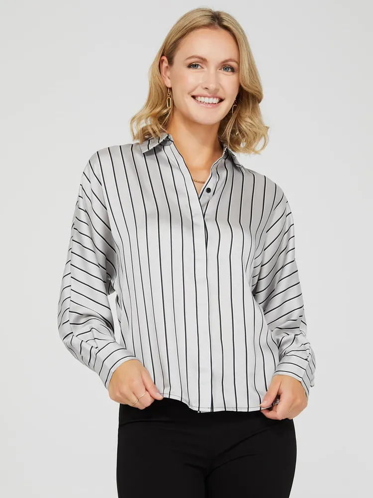 Striped Satin Button-Front Dolman Sleeve Blouse, /