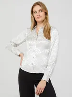 Jacquard Button-Front Blouse, Lt Grey /