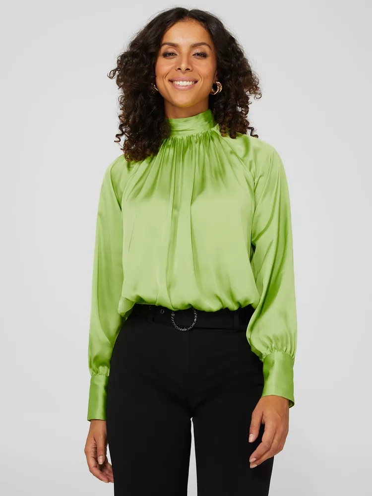 Satin High Neck Blouse, Lt Green /