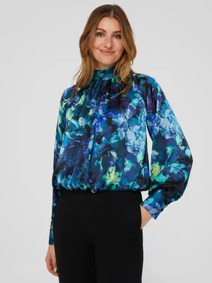 Satin Floral Print High Neck Blouse, Black /