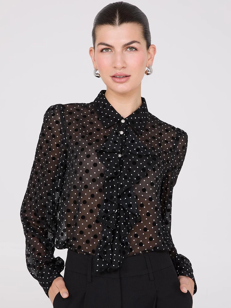 Dot Print Ruffle Button-Front Blouse