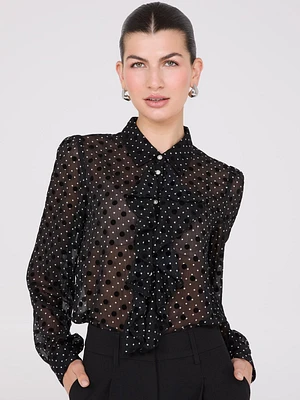 Dot Print Ruffle Button-Front Blouse