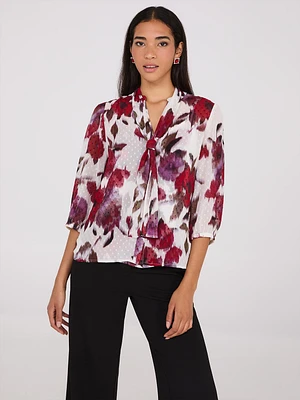 Floral Print Chiffon Tie Neck Blouse