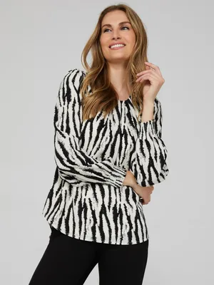 Zebra Print Scoop Neck Top With Smocked Cuffs, Pearl /