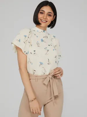 Printed Mock Neck Blouse With Open Back, Antique Creme /