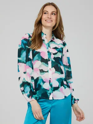 Floral Print Button-Up Blouse, Pearl /